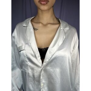 White Satin Long Sleeve Pajama Top Women Size L Pocket Nightgown Loungewear Soft